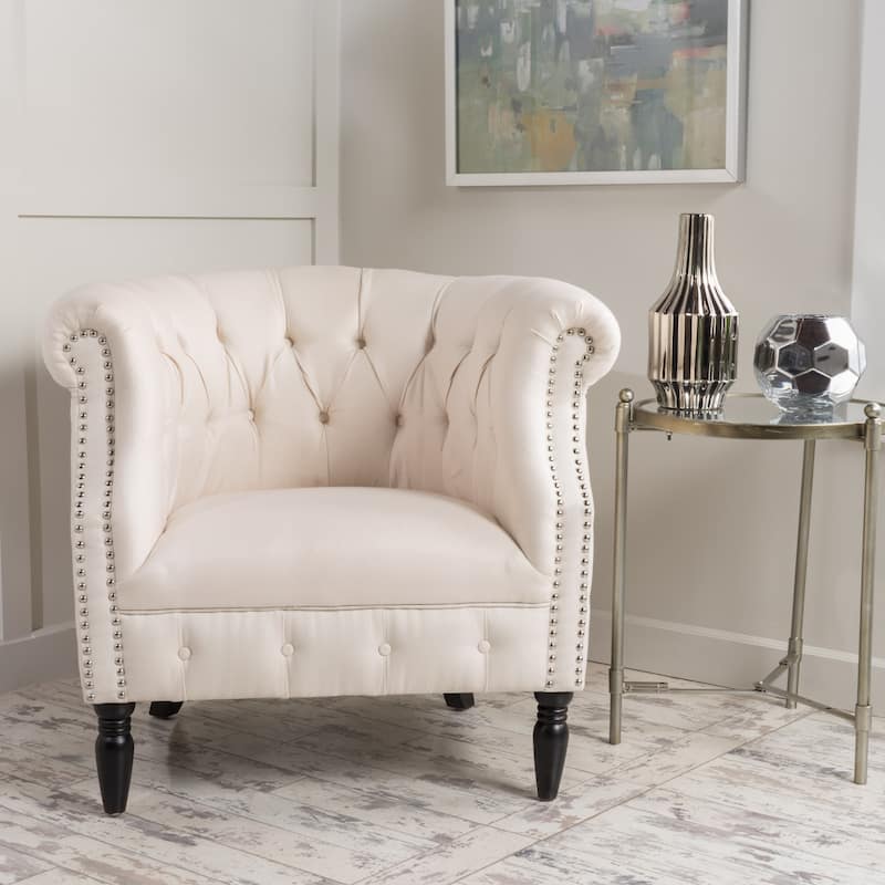 Beige Modern 32.75" Velvet Button Tufted Club Chair with Turned Birch Wood Legs and Nailheads