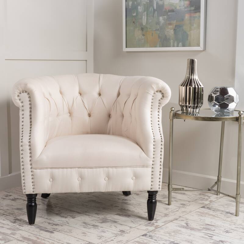 Modern 32.75" Velvet Button Tufted Club Chair with Turned Birch Wood Legs and Nailheads