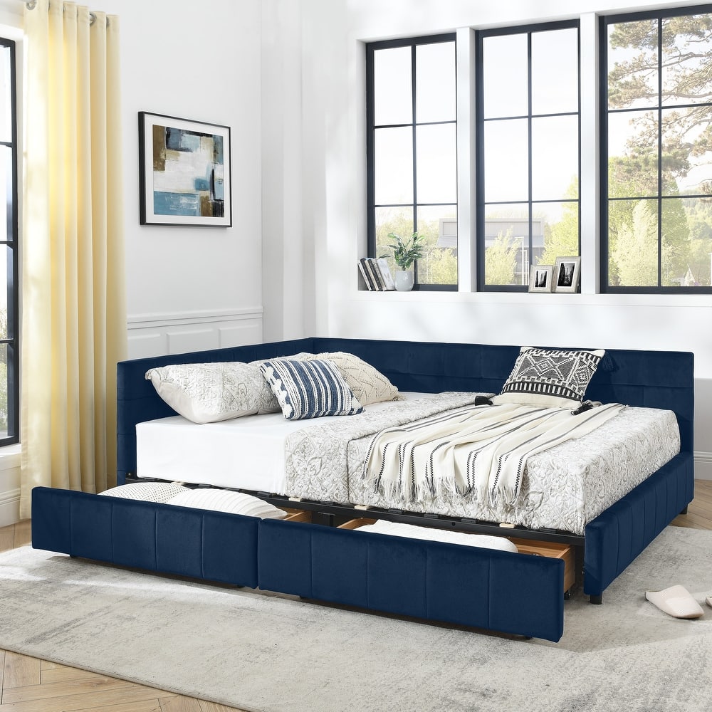 Queen Size Velvet Upholstered Daybed with Storage Drawers