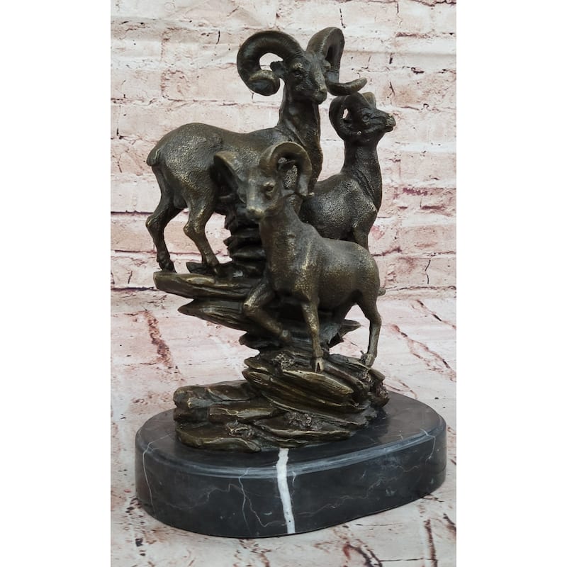 Trio Of Mountain Rams Bronze Sculpture On Marble Base For Rustic Wildlife Decor