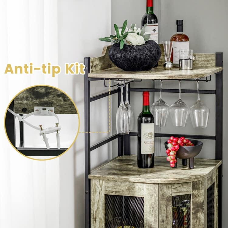 Industrial Corner Bar Cabinet with Glass Holder and Adjustable Shelf - 19" x 19" x 51"
