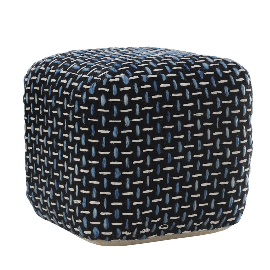 16" Black and White Geometric Interwoven Square Pouf Ottoman
