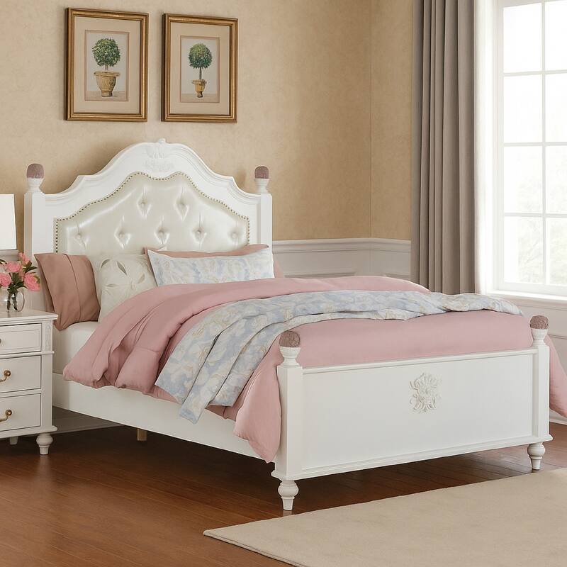 Bela Full Size Bed w Button Tufted Headboard, White Faux Leather