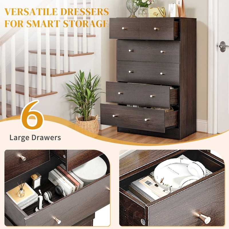 6-Drawer Large Dresser For Bedroom And Chest Of Drawers With Sturdy Construction Wood Storage Organizer For Closet