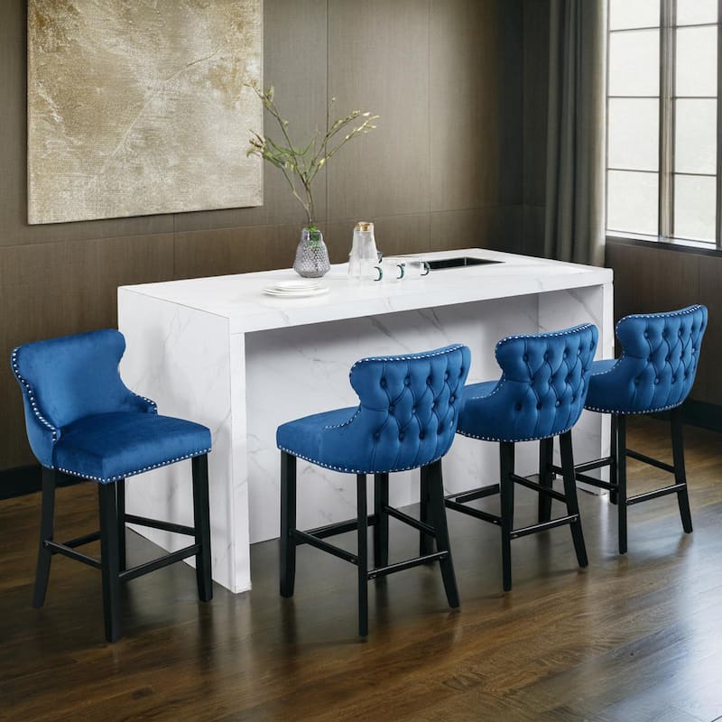 Contemporary Velvet Upholstered Wing-Back Barstools with Button Tufted Decoration and Wooden Legs, Set of 4