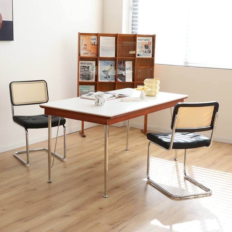 Dining Chairs Set of 2, Fauex Leather Rattan Side Accent Chairs with Chrome Legs, Modern Mid Century Breuer Designed Chairs