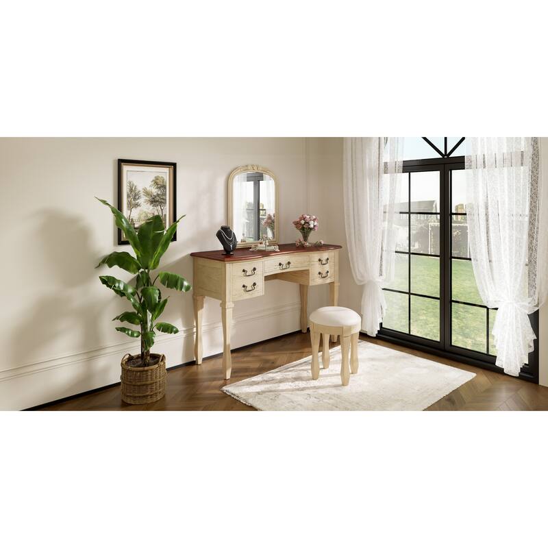Roomfitters 46" Makeup Vanity with Mirror and Stool, French Country Dressing Table Desk with 5 Drawers, Brown+Antique White