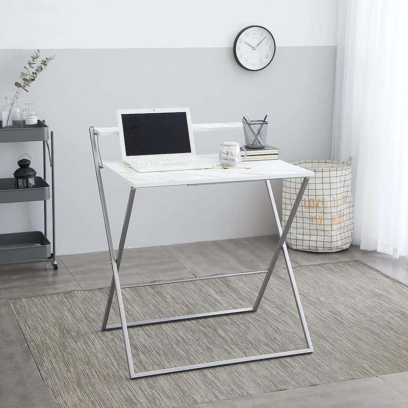 Urban Shop No Tools Assembly Foldable 2 Tier Compact Computer Desk, Marble Top with Silver Frame