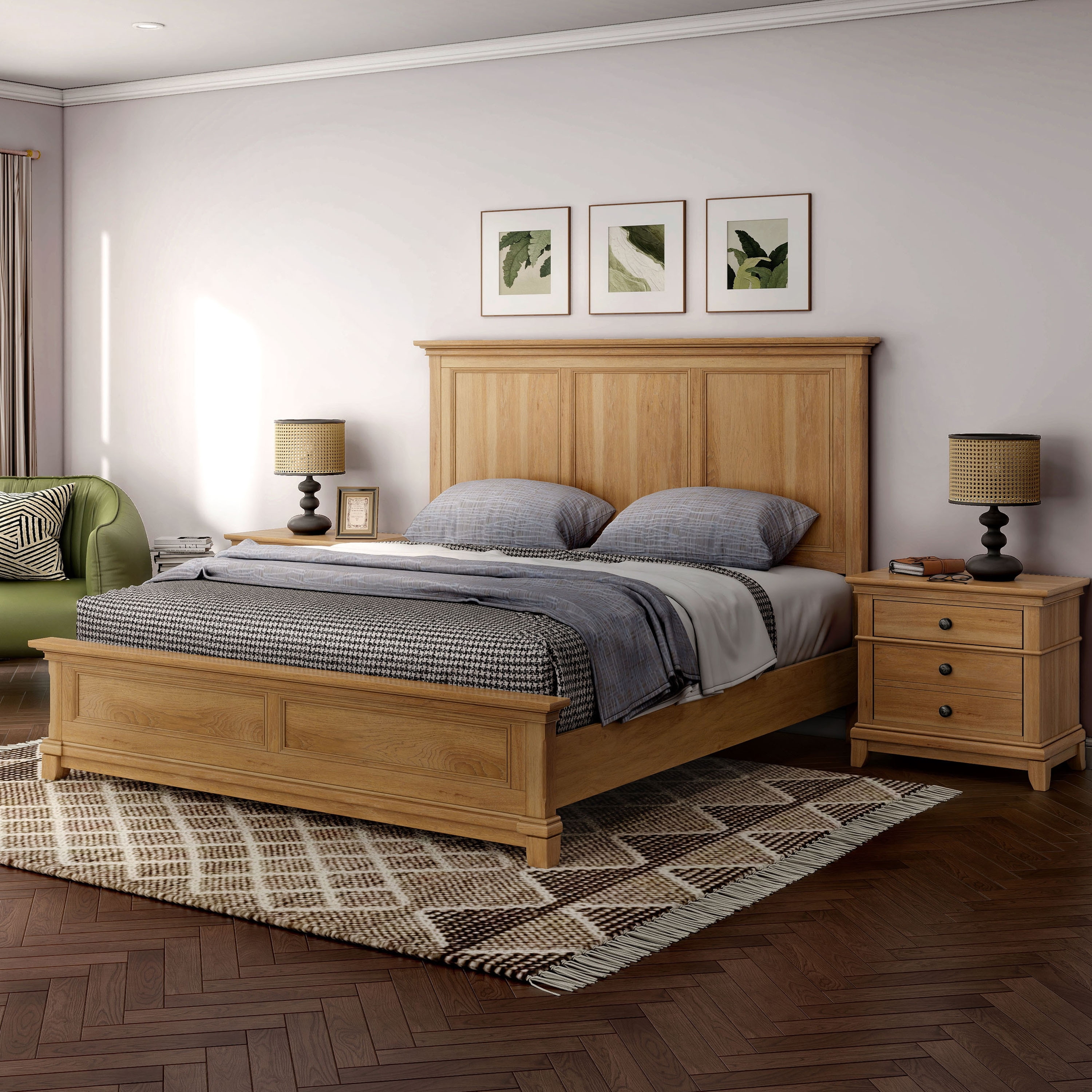 Furniture of America Wellington Farmhouse 3-Piece Natural Oak Wood Panel Bed and 2-Nightstand Bedroom Set