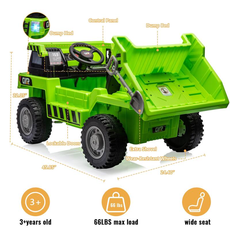 12V Electric Kids Ride-on Dump Truck Toy Car with Dumping Bed, Shovel