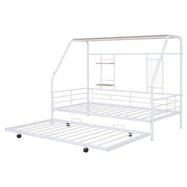slide 2 of 14, Twin Size Metal House Bed with Trundle, Built-in Shelf and Grid, White White - Twin