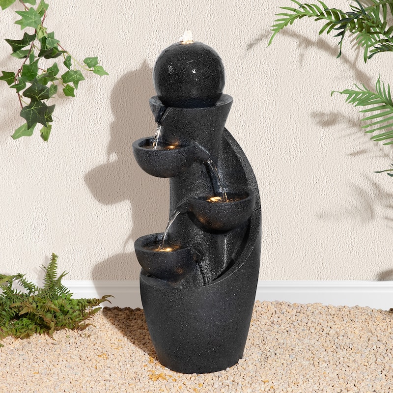Glitzhome 33.5"H Modern 5-Tier Bowl and Sphere Polyresin Outdoor Fountain with Pump and LED Light