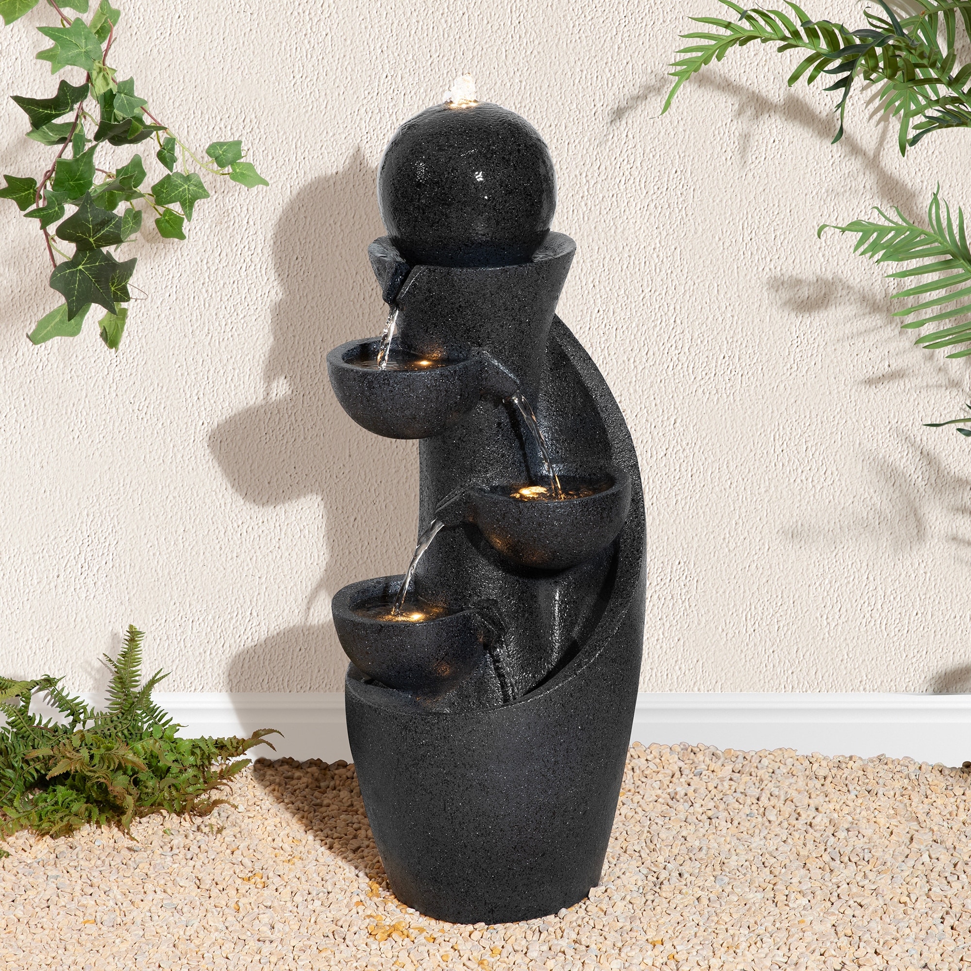 Glitzhome 33.5"H Modern 5-Tier Bowl and Sphere Polyresin Outdoor Fountain with Pump and LED Light