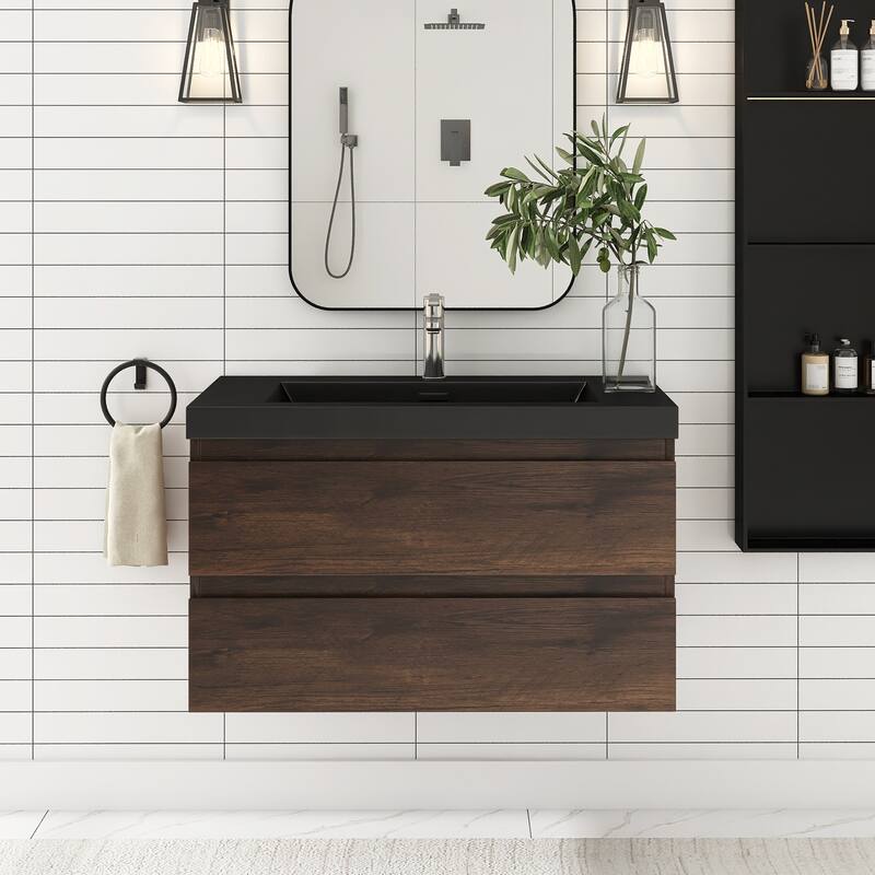 Floating Bathroom Vanity with Quartz Sand Top - Rose Wood