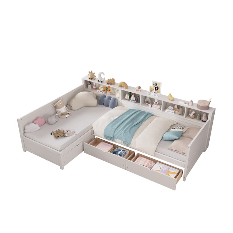 Roomfitters Twin L-Shaped Daybed for 2 with 3 Storage Drawers, Wooden Corner Bed Frame with Bookshelf for Bedroom