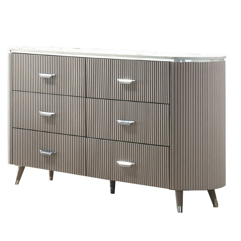 Gema 6 Drawer Wide Dresser, Light Gray Solid Wood with Cultured Stone Top