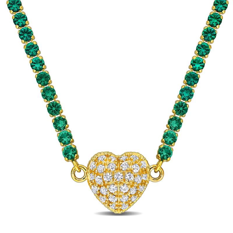 Miadora 12 7/8ct TGW Created Emerald Created White Sapphire Heart Necklace in Yellow Silver-17 in