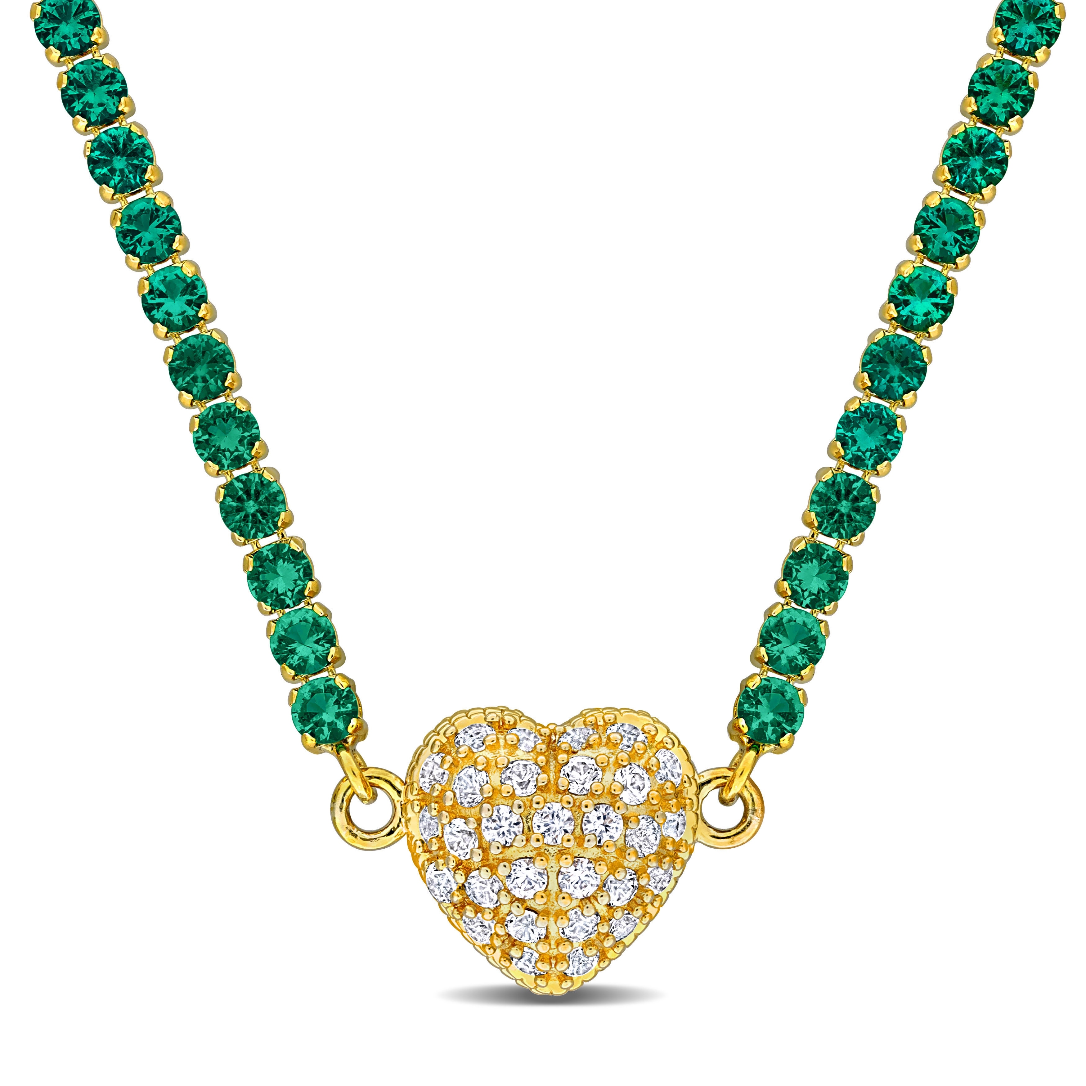 Miadora 12 7/8ct TGW Created Emerald Created White Sapphire Heart Necklace in Yellow Silver-17 in