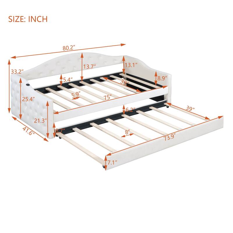 Wooden Slat Daybed Frame, Tufted Upholstered Sofabed with Trundle Bed, USB & Type-C Charging Ports on Armrest, Velvet Panel Bed
