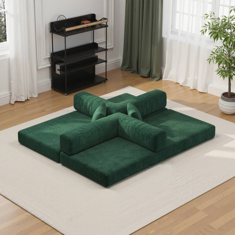 Modular Convertible Sleeper Sofa Bed, Corduroy Fabric Compression Sofa, Floor-Standing Sofa Bed with Armrests & Backrest