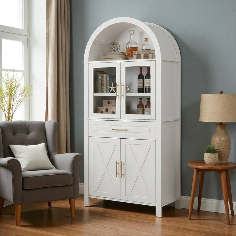 71" Tall Arched Farmhouse Pantry Cabinet with Glass Barn Door, Adjustable Shelves for Kitchen or Dining Room - White