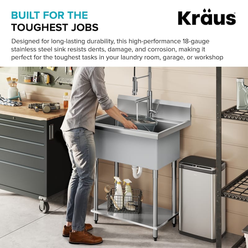 KRAUS Standart Pro 32 in. Stainless Steel 1-Bowl Laundry Utility Sink