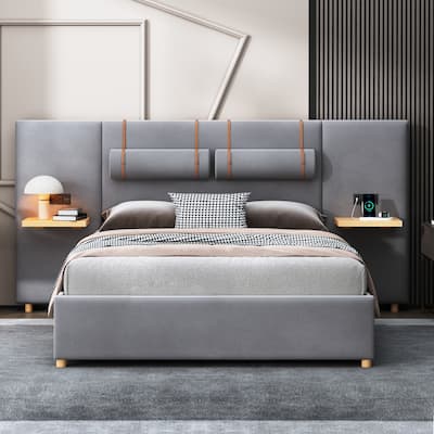 Velvet Upholstered Platform Bed, Wingback Headboard with 2 Bedside Pillows, Wood Panel Bed w/USB Ports & Shelves on Both Sides