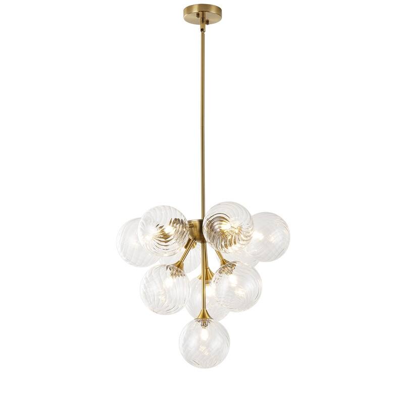 Modern 10-Light Chandelier with Swirl Clear Glass Globes and Brass Finish