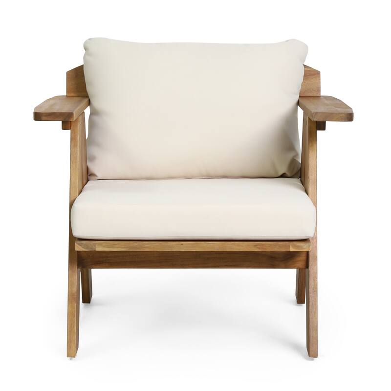 2 Piece Outdoor Patio Acacia Wood Club Chairs Set with Beige Cushions