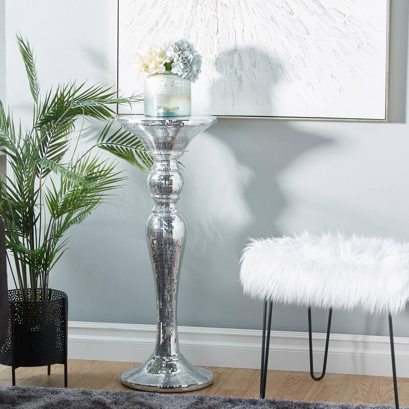 Glass Mosaic Mirrored Turned Floor Pedestal Table - Silver - Roche River Decor