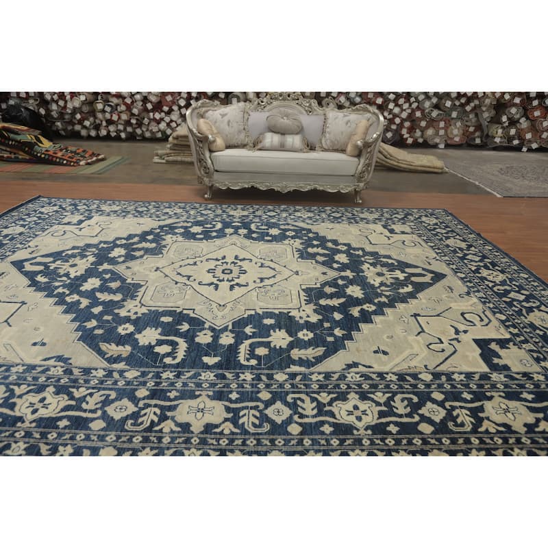Blue Geometric Oushak Turkish Large Rug, Medallion Geometric Carpet - 14' 8'' X 12' 0''