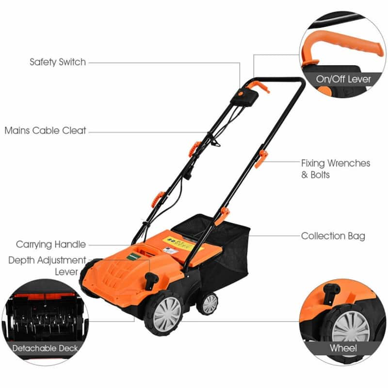 12-AMP Corded Electric Scarifier & Dethatcher 13" Cutting Width with 40L Grass Collection Bag - 40" x 20" x 40"
