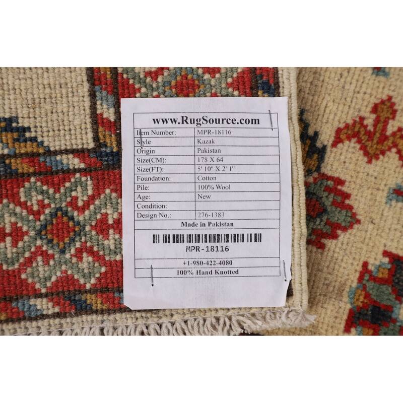 Geometric Kazak Runner Rug Hand-Knotted Wool Carpet - 2'1" x 5'10"