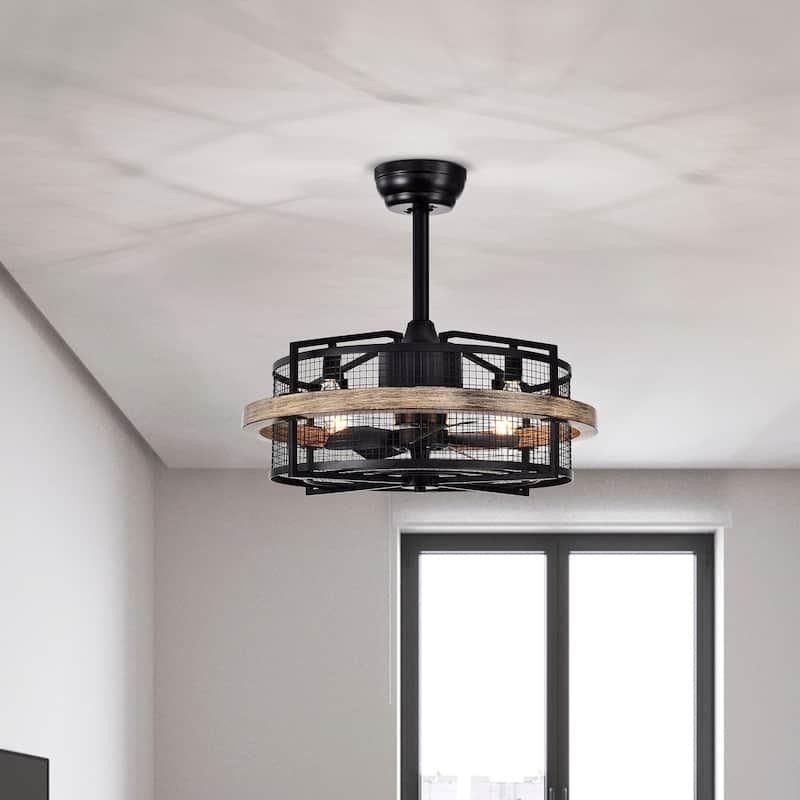 20" Industrial Black Metal Caged Bladeless Ceiling Fan Chandelier with Remote