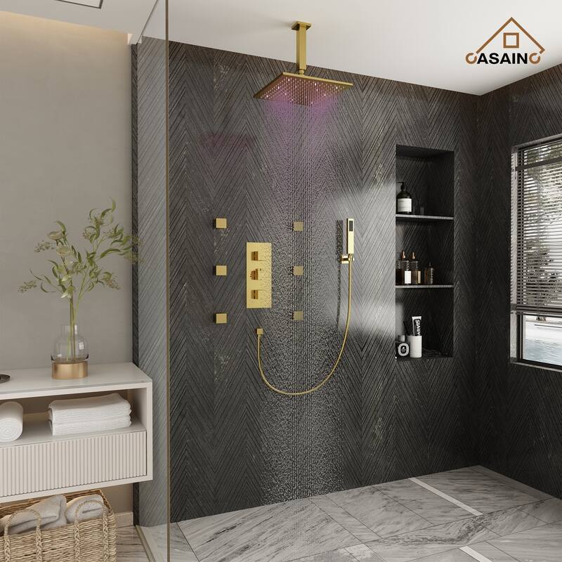 Celling 12 inch LED 3 Function Thermostatic Shower System with 6 Body Jets