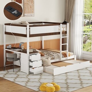 Full-Over-Full Bunk Bed with Twin size Trundle, Storage and Desk,with 2 USB and 2 three-holes Plugs