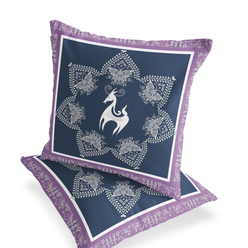HomeRoots Set of Two 16" X 16" Blue and White Horse Blown Seam Eclectic Indoor Outdoor Throw Pillow - 16.00' X '16.00' X '5.00