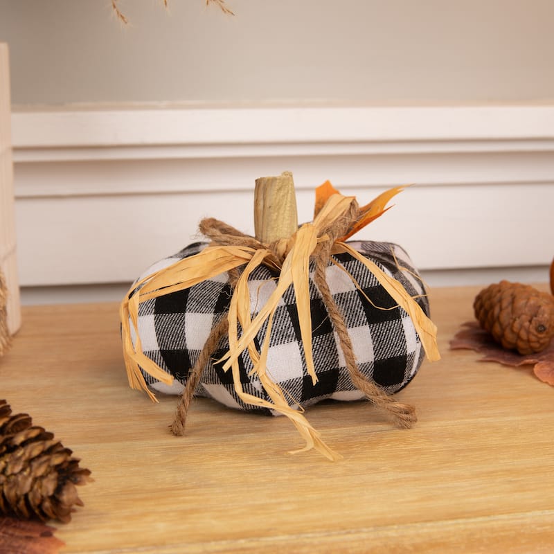 Buffalo Plaid Fall Harvest Pumpkin Decoration - 5" - White and Black