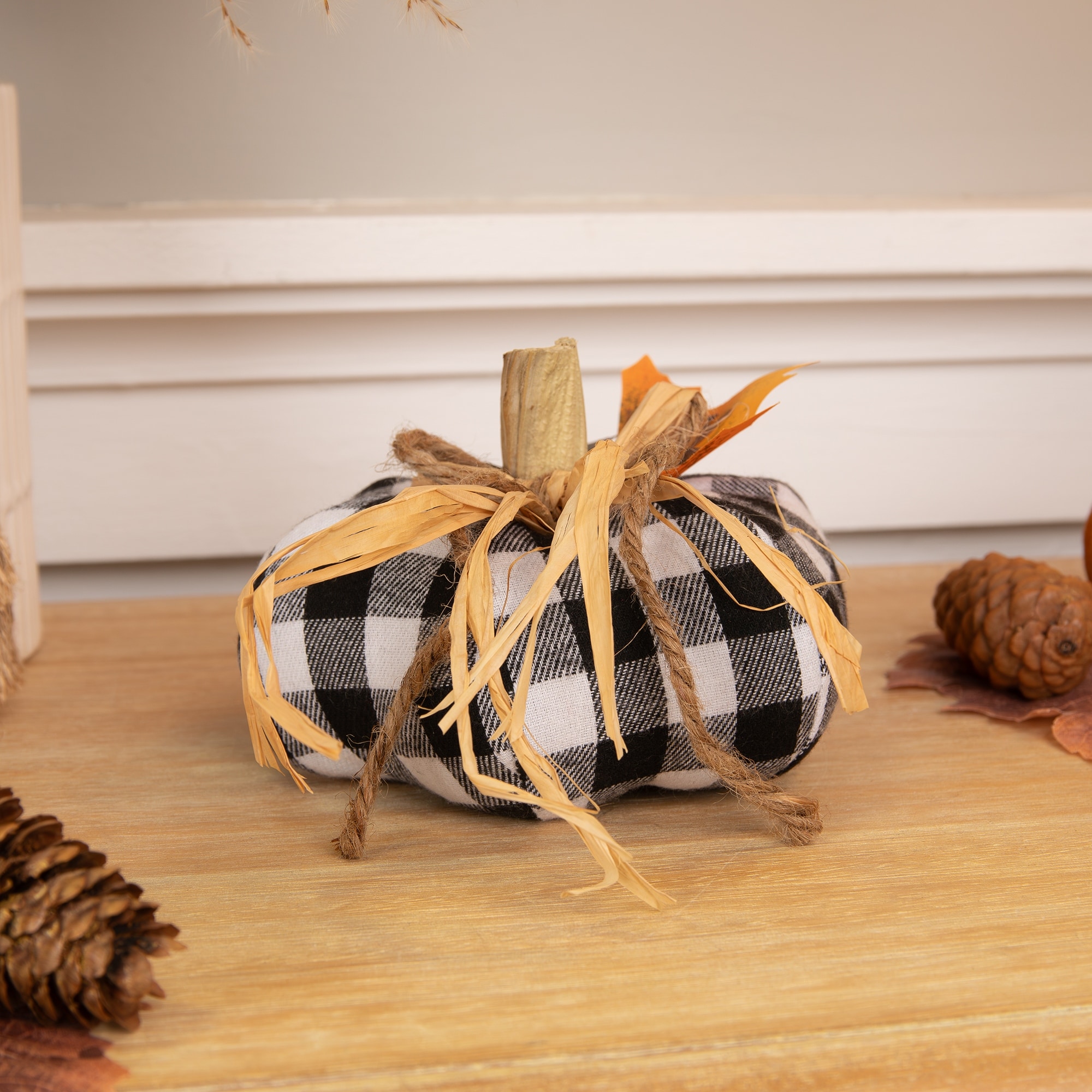 Buffalo Plaid Fall Harvest Pumpkin Decoration - 5" - White and Black