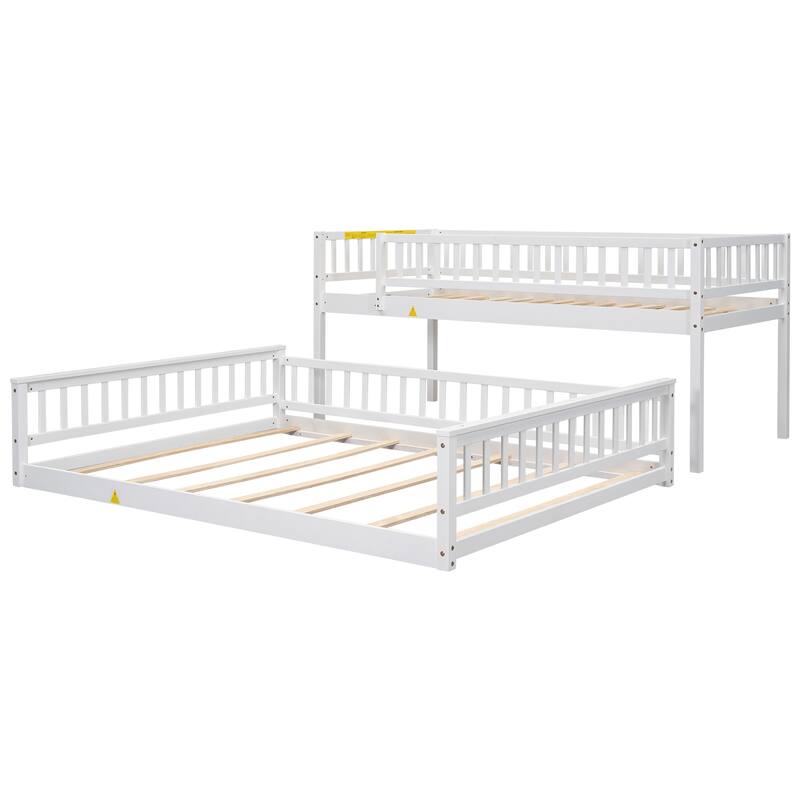 Twin XL over Queen Bunk Bed with Ladder and Guardrails in White