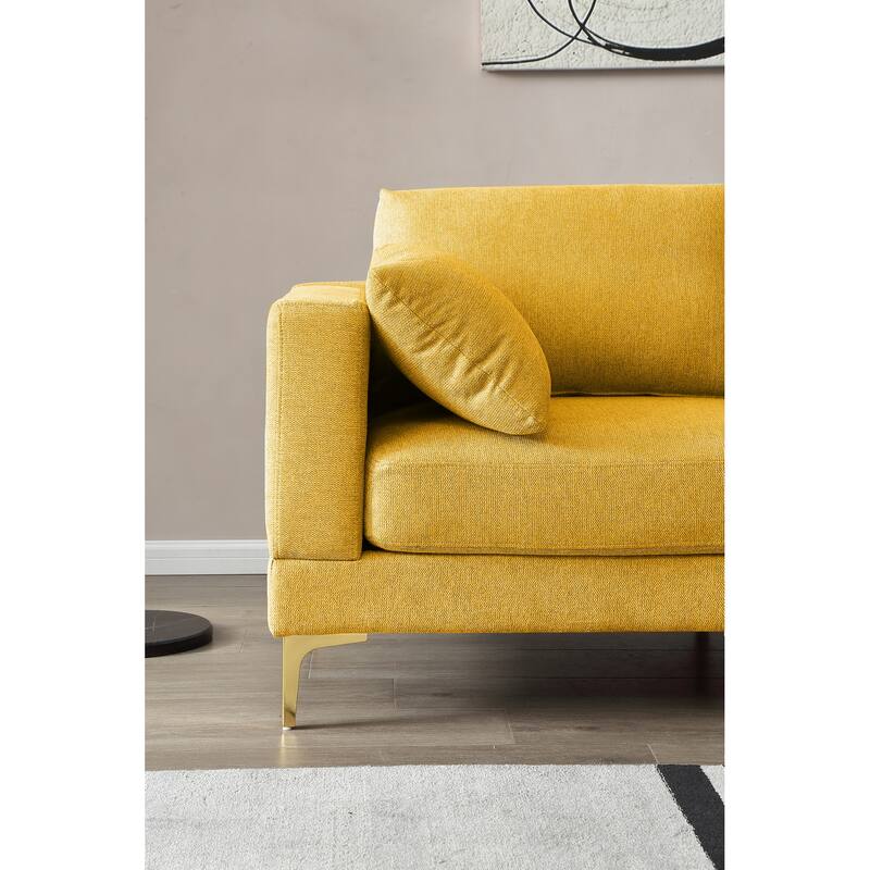 92'' Fabric L-Shape 3-Seater Sofa with Ottoman, Gold Metal Legs, and Toss Pillows