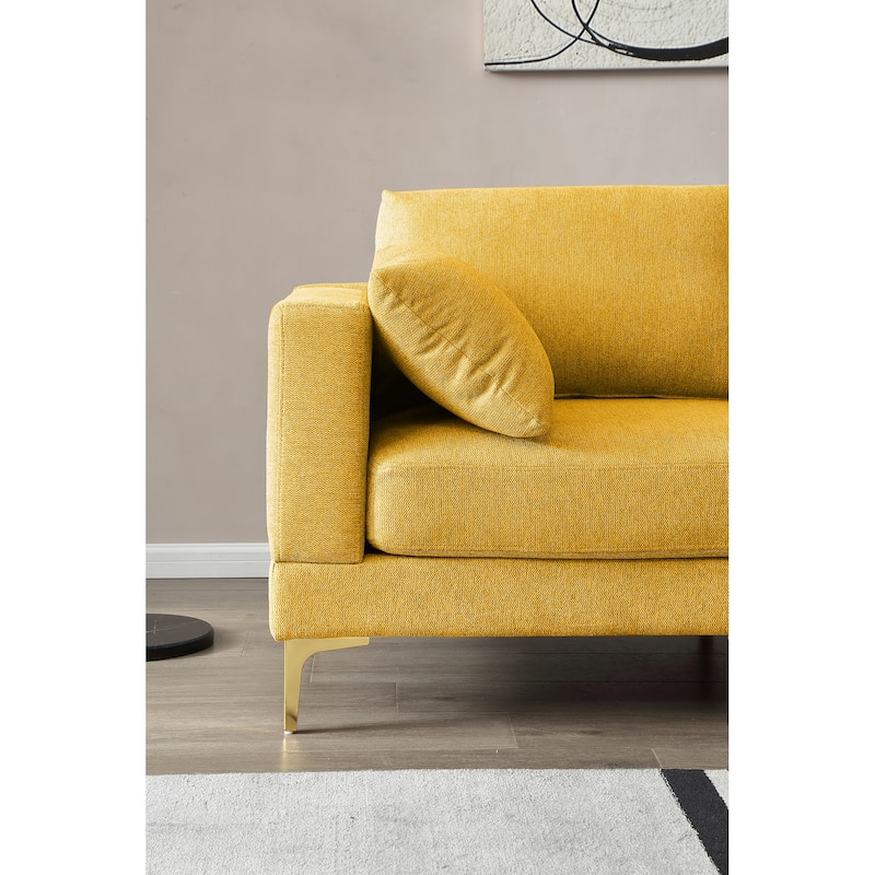 92'' Modern Turquoise L-Shaped 3 Seat Sofa with Ottoman, 2 Pillows, Gold Metal Legs, and Polyester Upholstery