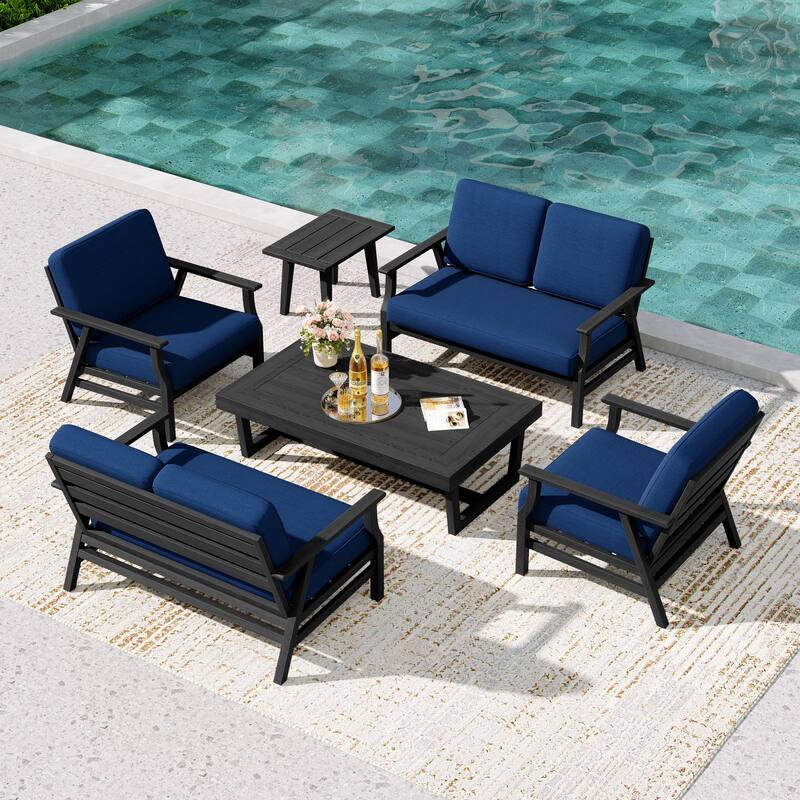 4-Piece Teak Outdoor Conversation Set With 2 Loveseats, Coffee Table & Side Table - Navy - Black Wood