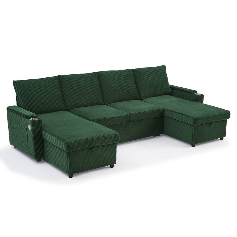 Roomfitters Convertible Sofa Bed 109.5" U-Shaped Sectional Upholstered Sofa with Storage Chaise, Cup Holders and USB Ports