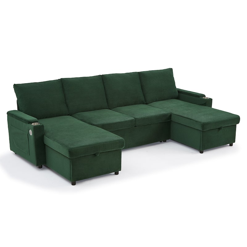 U-Shaped Sectional Sofa Convertible Sleeper Sofa with Dual Storage Chaise Lounges, Cup Holders, USB, Storage Boxes and Pockets