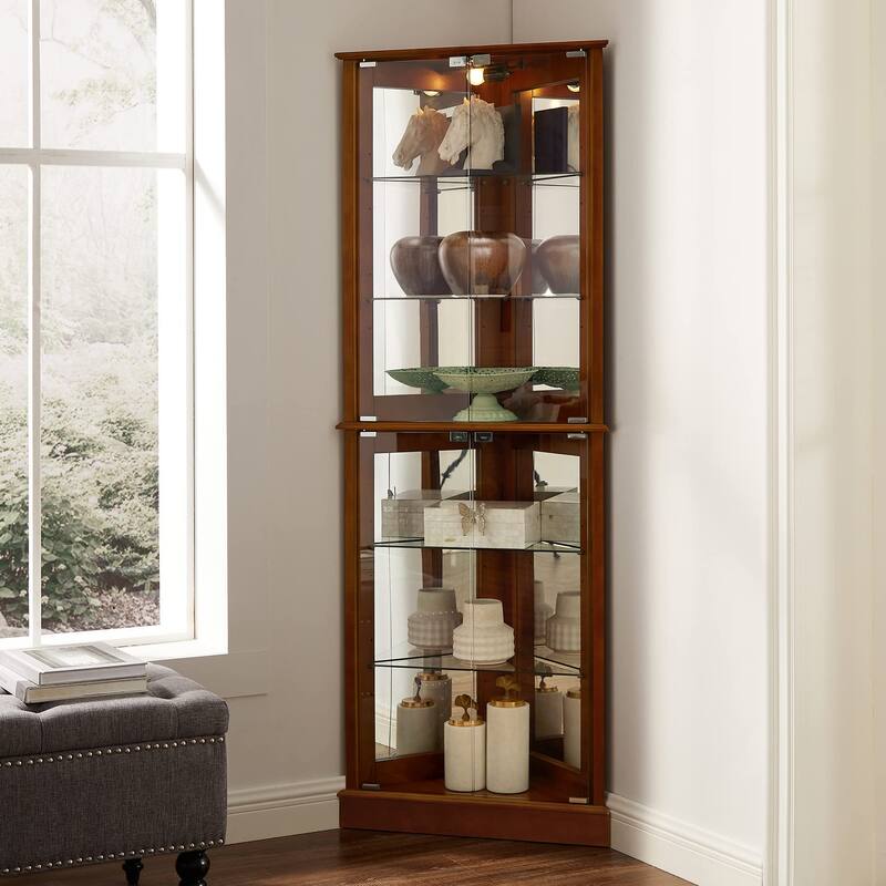 Corner Curio Cabinet with Lights, Floor Standing Display Cabinet with Adjustable Tempered Glass Shelves & Mirrored Back