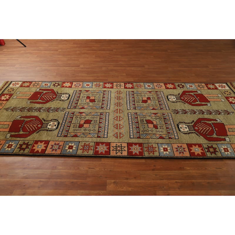 Hand Knotted Oriental 100% Wool Carpet Traditional Tribal Green Heriz (serapi) Runner Rug - 9' 11'' X 4' 1''