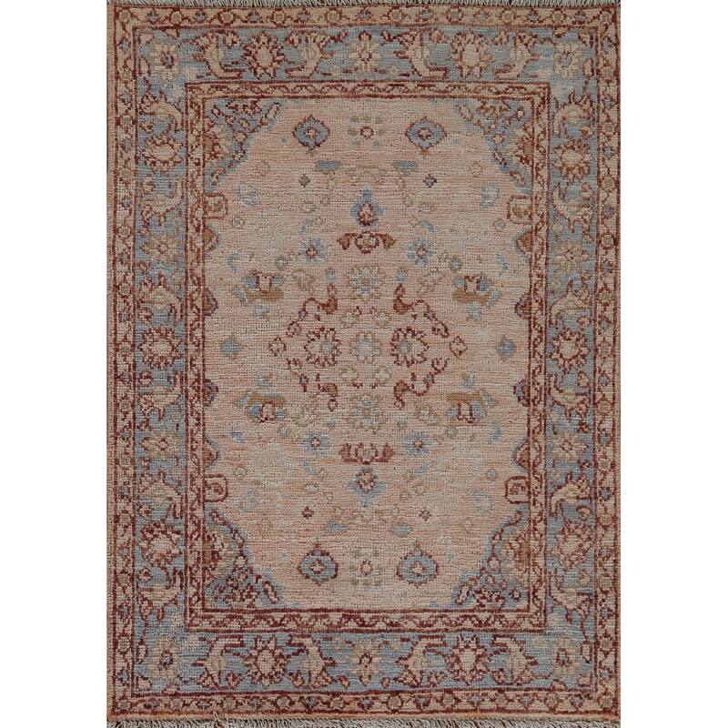 Hand Knotted Oriental 100% Wool Carpet Transitional Geometric Peach Oushak Area Rug - 3' 10'' X 2' 11''