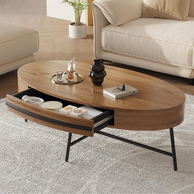 Oval Coffee Table with Drawer, 47.2" Mid-Century Modern Center Table, Wooden Coffee