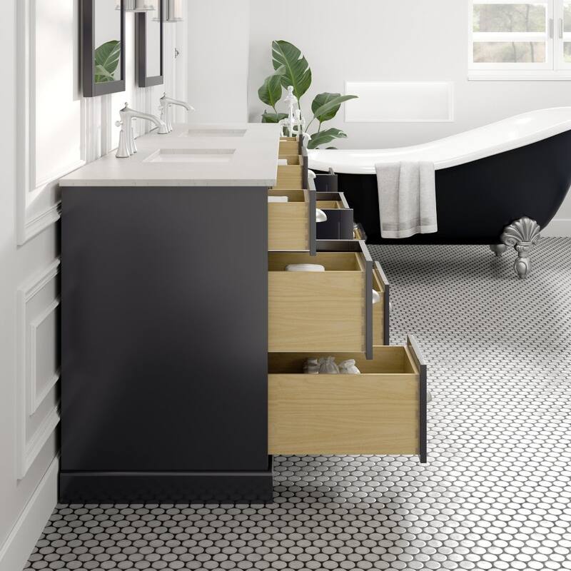 Epic 96 in. DS Bath Vanity with Carrara Quartz Top & Undermount Sinks